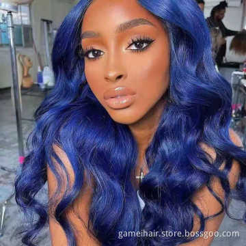 Dark Blue Wig Body Wave Colored For Black Women Human Hair Wigs  Hd Transparent Lace Frontal Part Wig